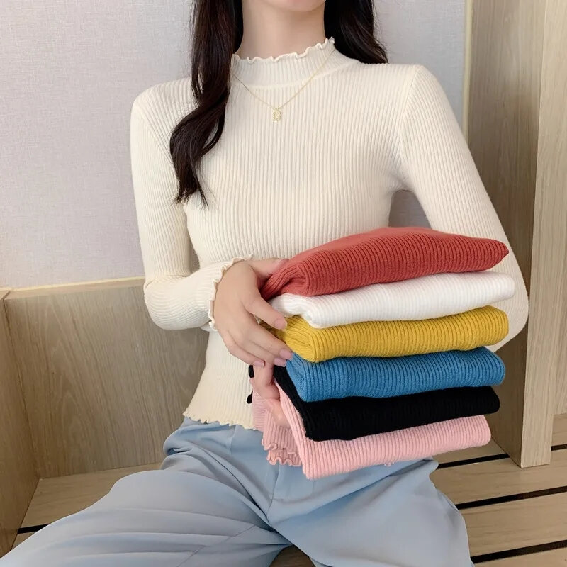 2023 модная однотонная водолазка, женские осенне-зимние вязаные свитера, базовые пуловеры, корейский свитер, облегающий пуловер