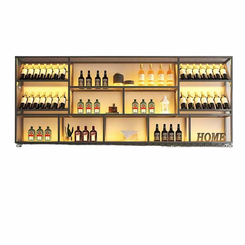 الصناعية الأسود النبيذ رفوف تخزين عرض السنانير ضوء رفوف خزانة الحائط التجارية زجاجة حامل بار Schrank بار لوازم