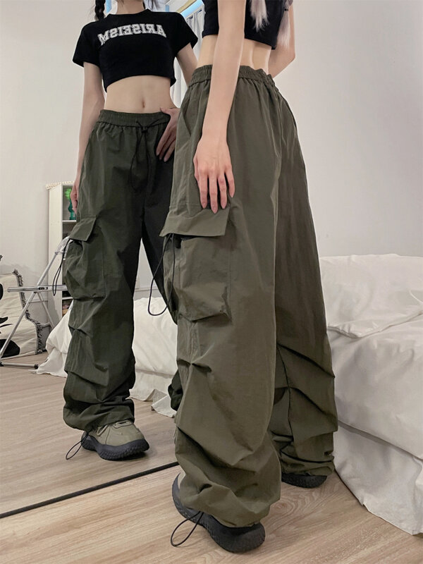 QWEEK Y2K Cargo Pants Women Vintage Baggy Parachute Korean Streetwear Sweatpants Harajuku Casual Wide Leg Jogger Pants Summer