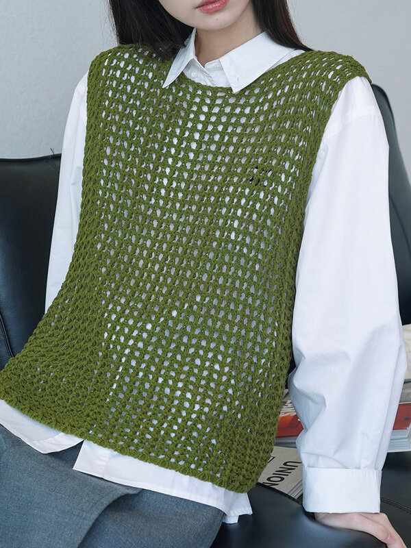 ENjoyce-Chaleco de Punto Verde Vintage para mujer, camisetas sin mangas de moda coreana, camisola sin mangas, jerséis de punto calados