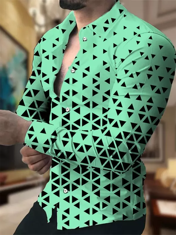 Camisa de manga larga con estampado de botones para hombre, traje con solapa geométrica cuadrada a cuadros para exteriores, ropa informal de diseñador, cómoda