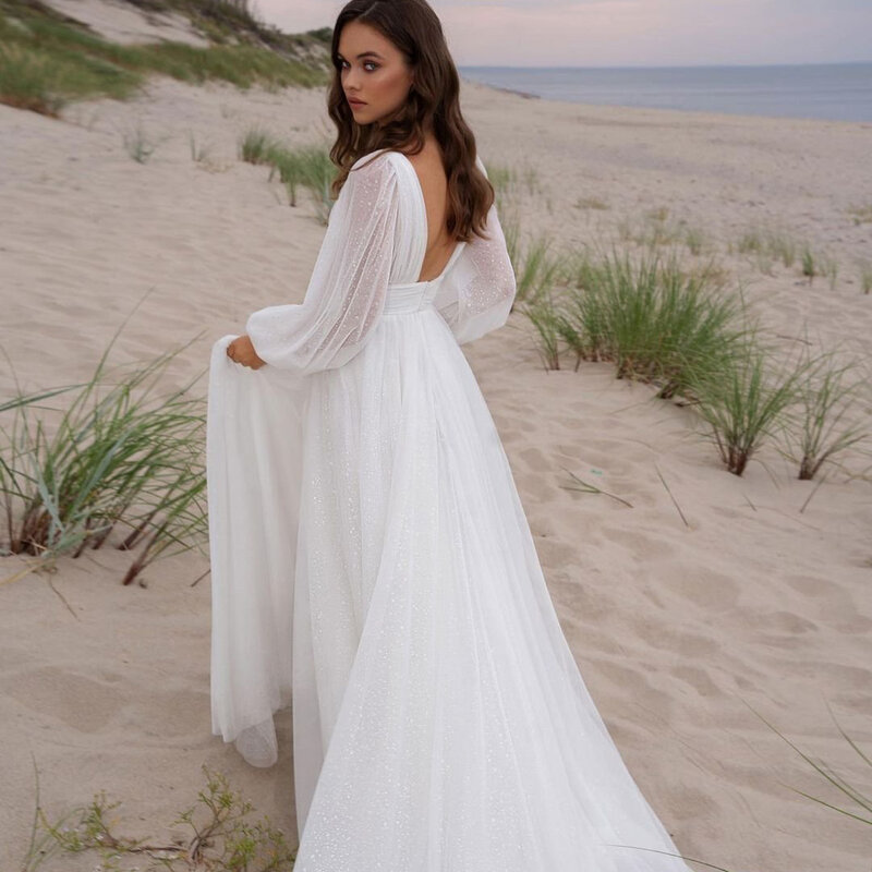 白いパフスリーブのセクシーなウェディングドレス,花嫁のためのイブニングドレス,ハイスリット,空中ブランコ,ホルター,大きいサイズ,2022