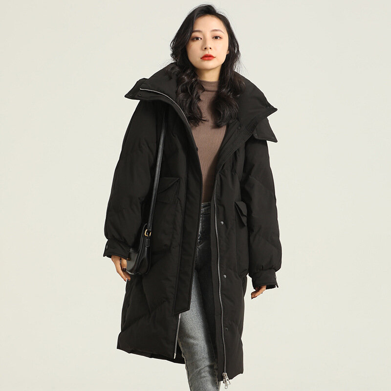 女性用フード付きジャケット,暖かい防風,秋冬,暖かい,白い色,ファッショナブルなロングコート,2023