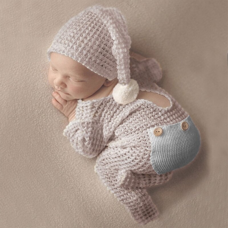 Säuglingsfotografie-Requisiten, 0–12 Monate altes Baby, Junge, Mädchen, Overall, Strampler und Schlafmütze, Overall-Set, für und