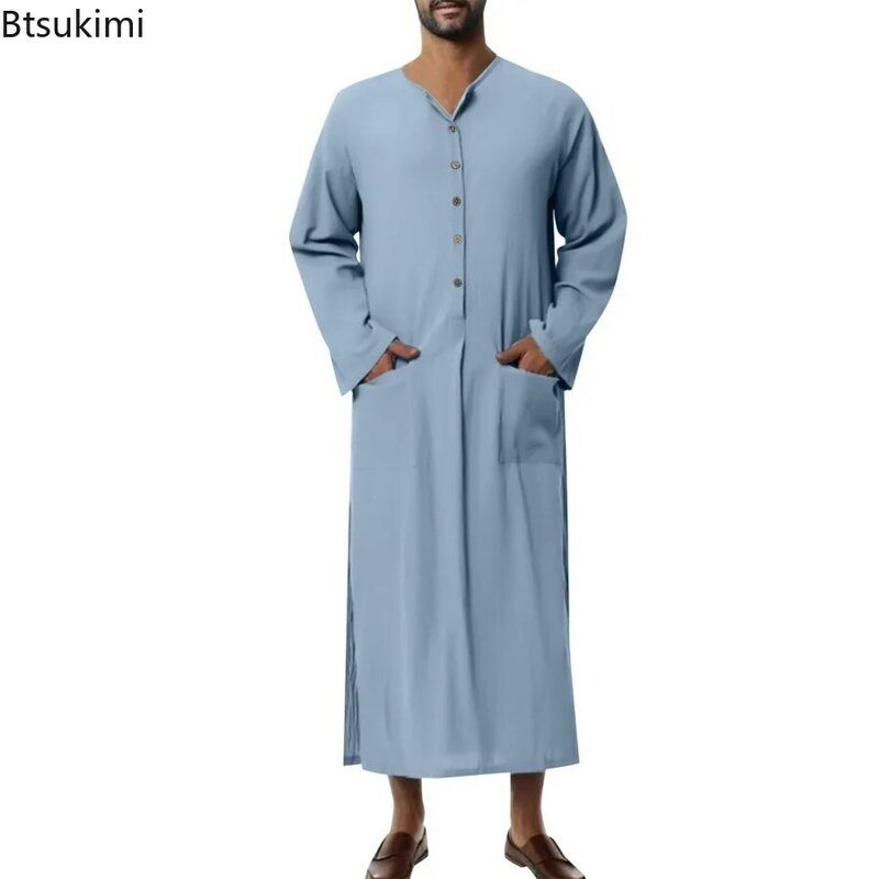 New2024 jubah modis Muslim pria lengan panjang kerah Henry etnik jubah panjang kancing bawah kasual warna polos Islami Arab Dubai Jubba Thobe