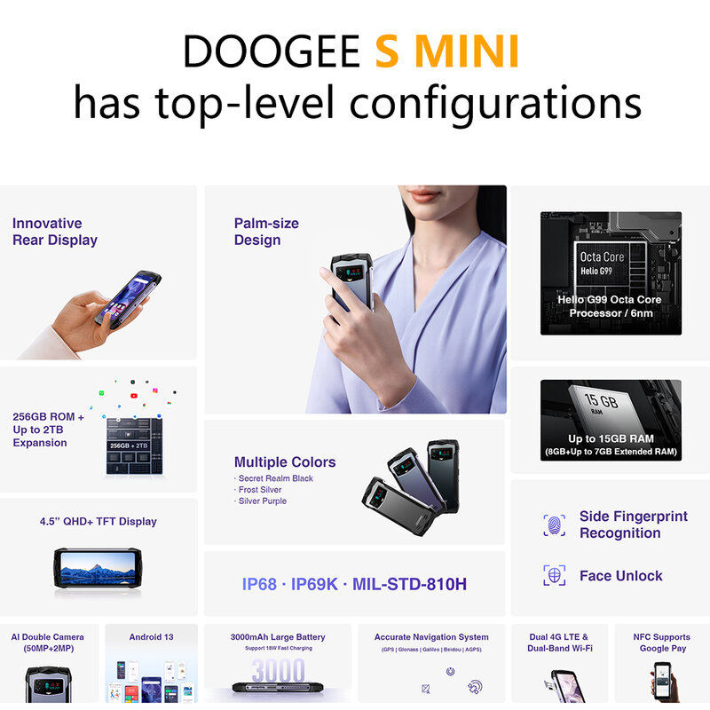 Doogee-Smini robusto NFC Android celular, 4,5 "display QHD, Helio G99, 4G, câmera de 50MP, 3000mAh, 18W carga rápida, 8GB, 256GB