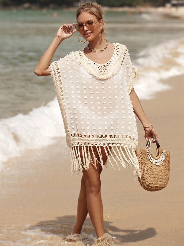 تنورة شاطئ من قماش الجاكار مع هامش مرقع ، نسيج الكروشيه اليدوي يتستر ، الأكثر مبيعًا