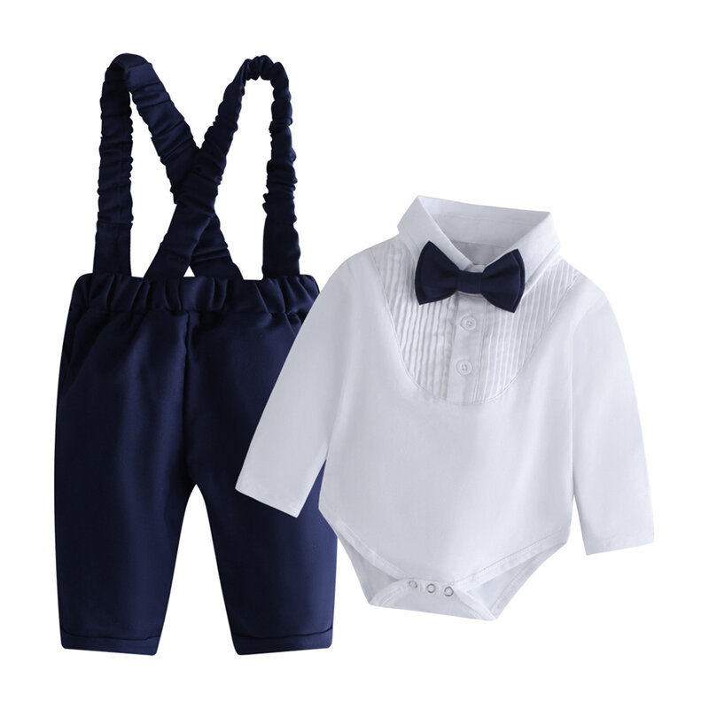 Terno formal de batismo para meninos, macacão manga comprida com suspensório arco, roupa de cavalheiro, roupas casuais de aniversário