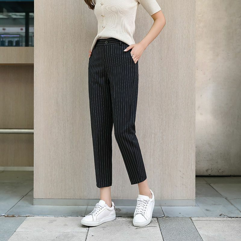 2023 New Women Spring Autumn Korean Chic High Waist Strpiped Suits Pants Ladies Fashion Casual Loose Long Trousers Tops S13