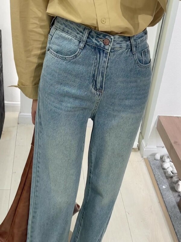 FINEWORDS High Waist Korean Jeans Women Causal Washed Loose Wide Leg Jeans Streetwear Light Blue Leisure Denim Pants