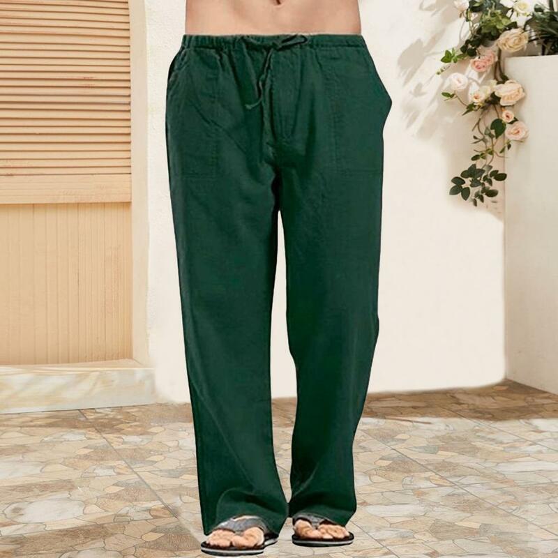 Lekkie spodnie z kieszeniami męskie bawełniane spodnie typu Casual lniane z elastyczne kieszenie w pasie na plażę podróżną do szkoły