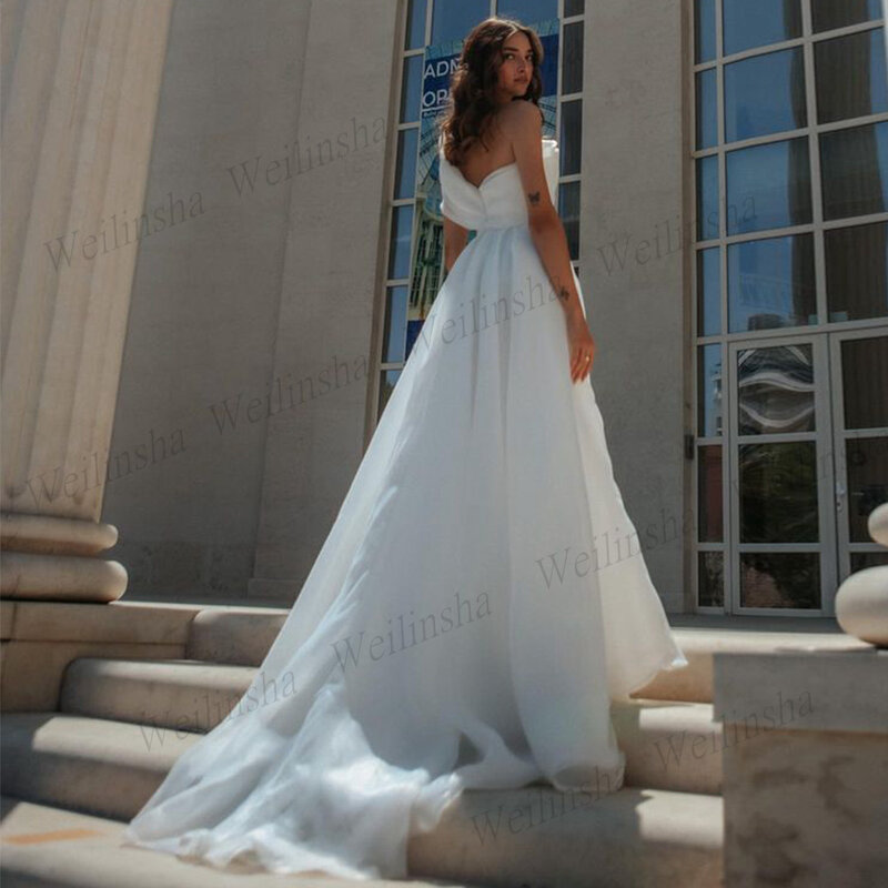 Gaun pernikahan Organza a-line untuk wanita pengantin wanita SATU bahu payet Applique lipit kereta api ritsleting belakang Robe De Mariee