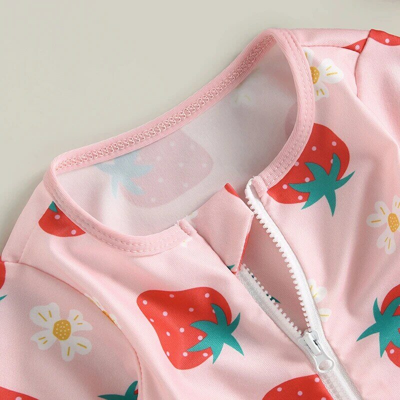 VISgogo 유아 소녀 래시가드 수영복 세트, 긴 소매 딸기 프린트, 목욕 세트 + 태양 모자, 신생아 수영복, 여름