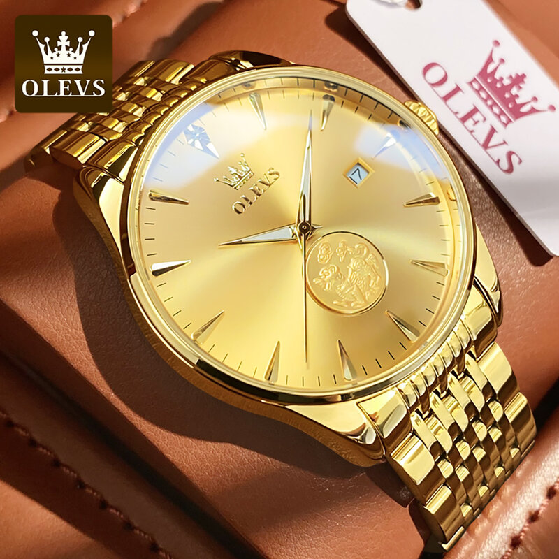 OLEVS-Montre mécanique de luxe en or pour homme, acier inoxydable, étanche, calendrier automatique, affaires, marque