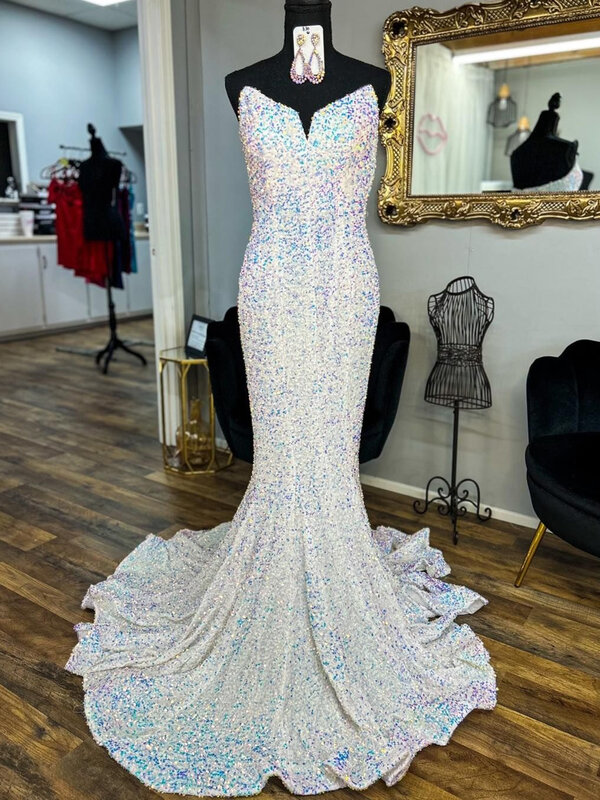 Sparkly Sequin Elegant Long Evening Dresses 2024 Women's Formal Party Dresses Sexy Mermaid Backless V-Neck Prom Gowns for Teens