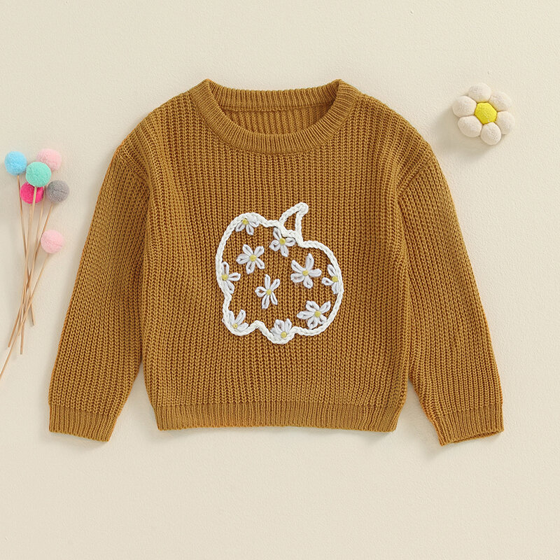 Suefunskry Baby Girl Boy sweter z dzianiny śliczny kwiat haft w kształcie dyni wycięcie pod szyją z długim rękawem pulowerowe topy na jesień-zimę