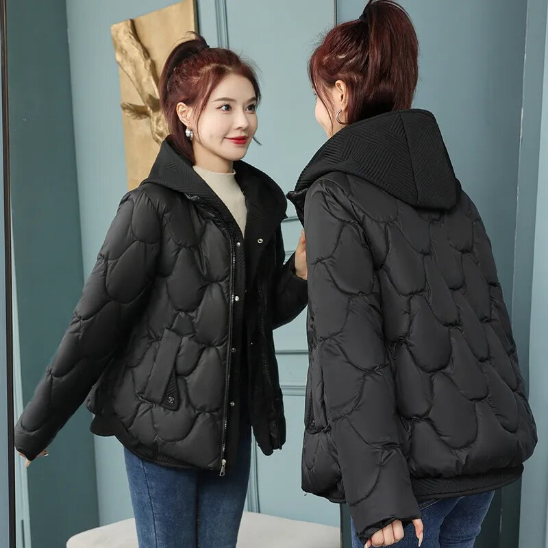 Jaket wanita musim dingin, jaket wanita katun palsu dua berkerudung, jaket roti, pakaian hangat tebal, jaket katun longgar, parka Musim Dingin 2023