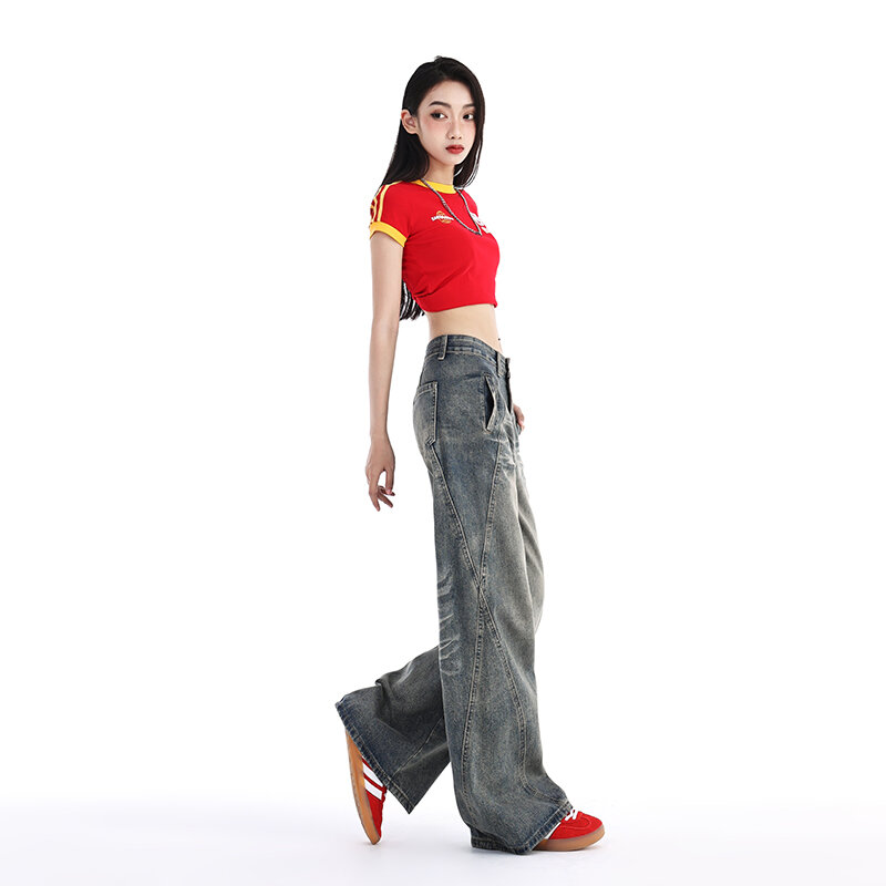 American Vintage celana panjang Denim wanita, Jeans Denim lurus longgar pinggang tinggi kaki lebar modis