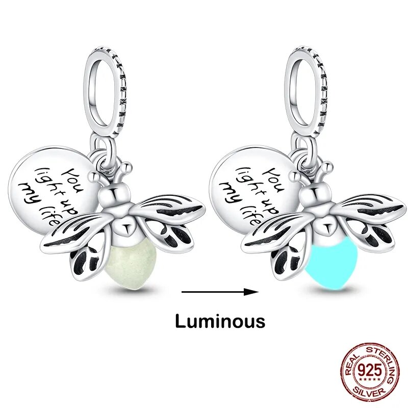 Dijes aptos para pulseras Pandora 925 originales, camaleón luminoso luciérnaga mariposa, cuentas de plata 925, fabricación de joyas DIY finas