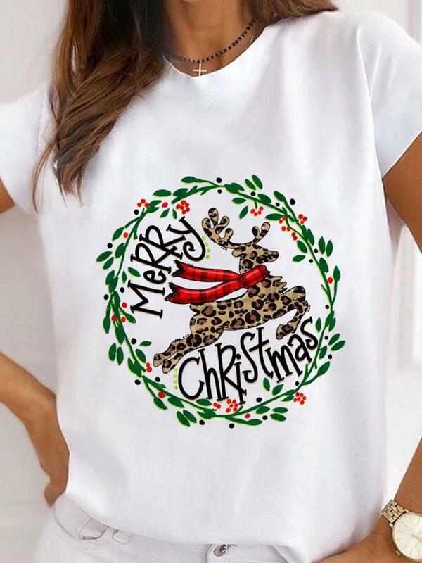 Camiseta con estampado de árbol a cuadros para mujer, ropa básica de manga corta de Año Nuevo, Camisetas estampadas de Navidad