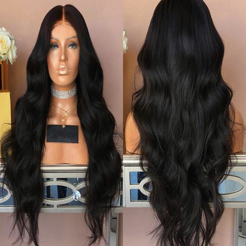 Czarne włosy syntetyczne 13x4 koronkowe peruki z przodu bezklejowe włókno termoodporne włosy o wysokiej gęstości dla kobiet mody na co dzień