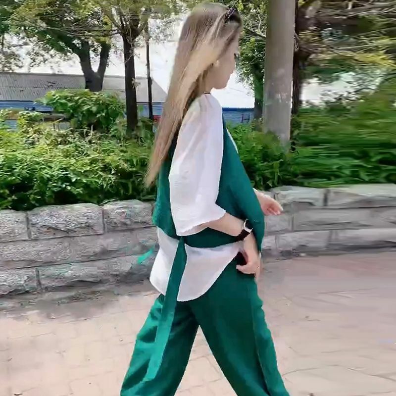 Netizen-Conjunto de tres piezas para mujer, traje ajustado de manga corta, chaleco con cordones y pantalones de moda, estilo coreano, novedad de verano, 2024
