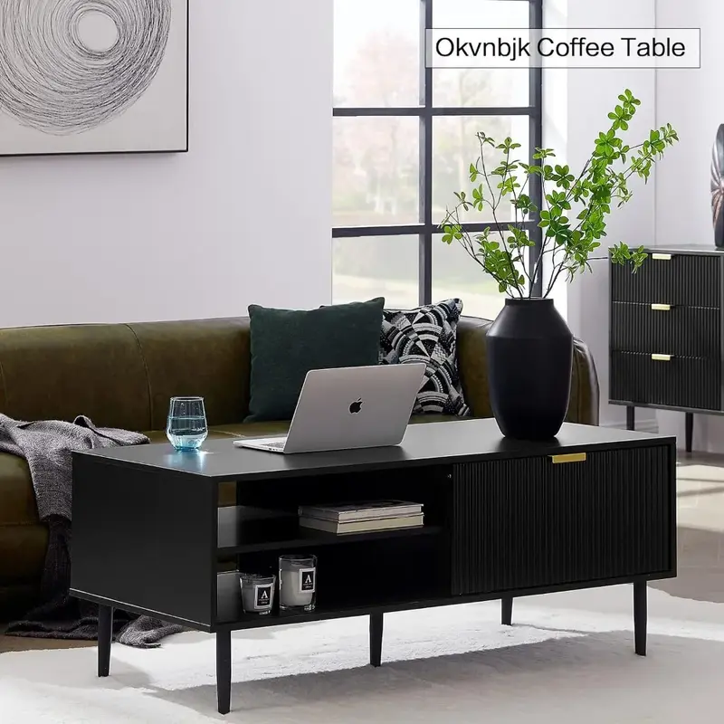 Mesa de centro moderna negra para sala de estar, mesa de cóctel con puerta corredera de Panel de forma de onda, gran espacio de almacenamiento, 48"