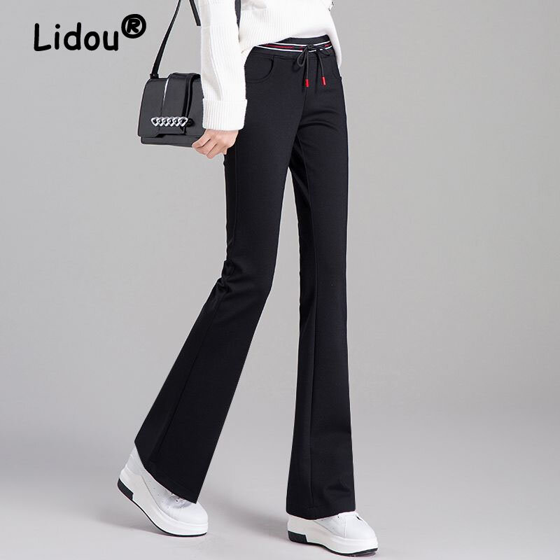 Black Colour High Waist Pockets Flare Pants Bright Line Decoration Red Drawstring High Strecth Leisure Full Length Spring Summer