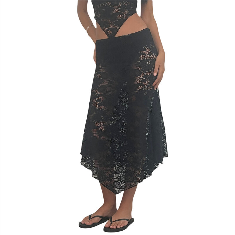 Women Sheer Tie Back Floral Lace Tube Tops and Elastic Skirt Summer Aesthetic Clothes See-through 2 Piece Outfits