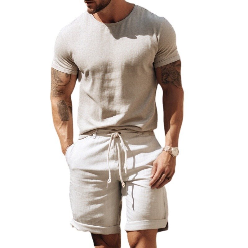 Mens Sets New Round Neck Solid Color Short Sleeved Top with Drawstring Capris Casual Two-piece Set for Men