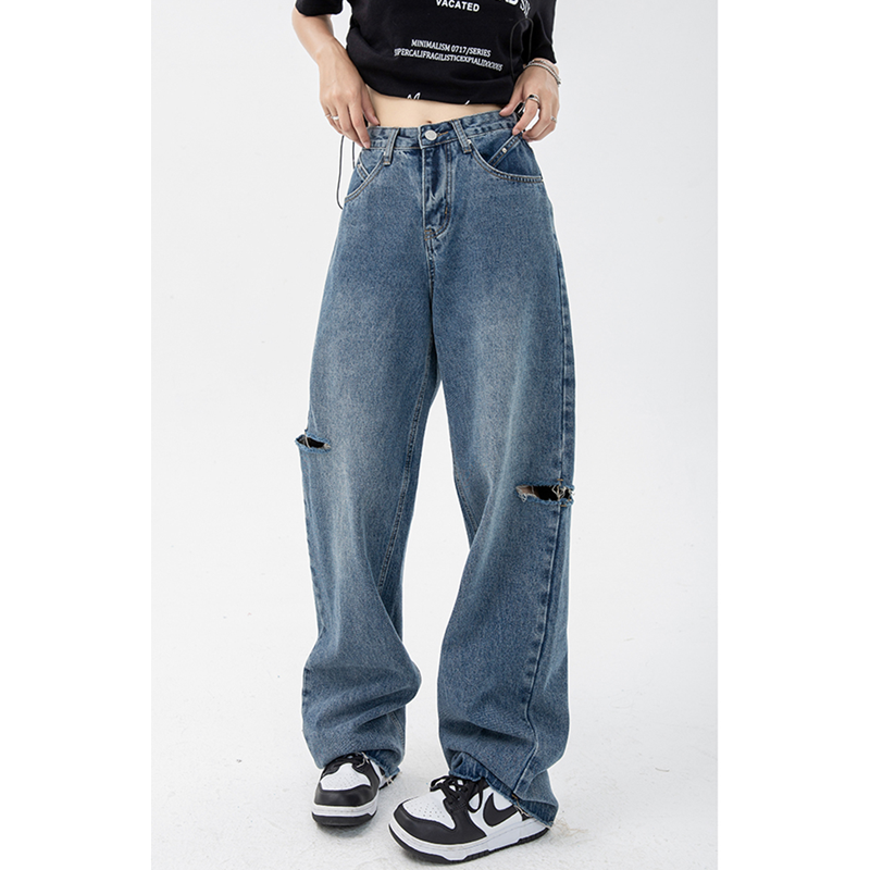 Pantaloni da donna Jeans strappati blu a vita alta American High Street Straight moda coreana Vintage Mopping pantaloni a gamba larga inverno