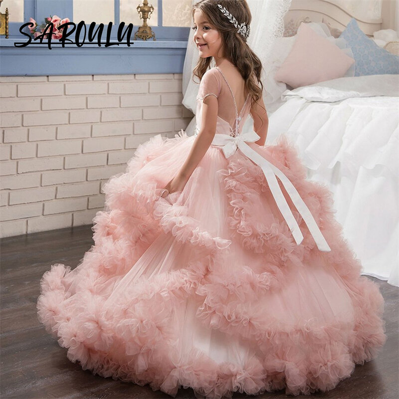 Fluffy Cute Ball Gown For Girls Short Sleeves Bow Tulle Children Formal Dresses Wedding Guest Gowns