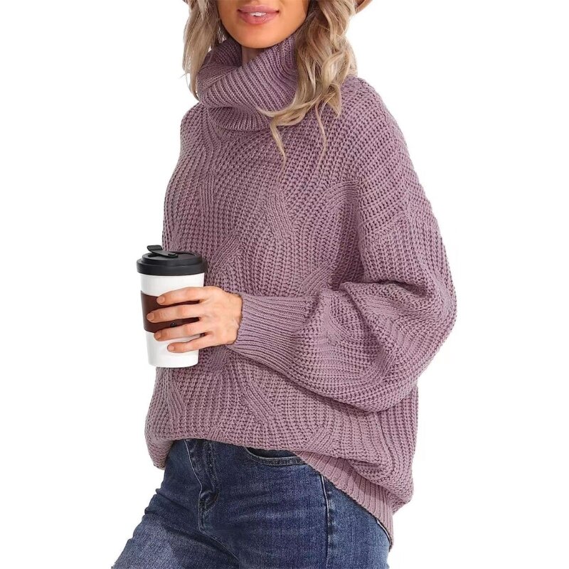 Sweter Leher Tinggi Musim Gugur Musim Dingin Wanita Atasan Jumper Rajut Putar Kebesaran Lengan Panjang 066C