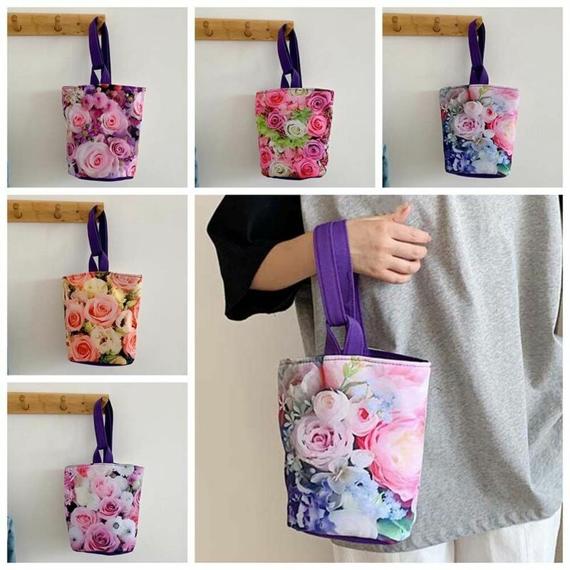 Bolsa de cubo con estampado de flores rosas, bolso de mano portátil para mamá, bolso de compras de gran capacidad, bolso de mano de lona para mujer y Niña