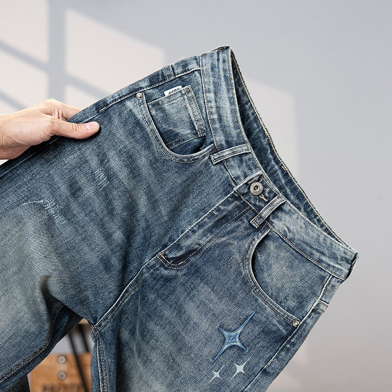 Calça jeans retrô masculina, jeans com ajuste reto, casual e versátil, elástica e leve, luxo e moda, marca de alta qualidade e moda, 2024
