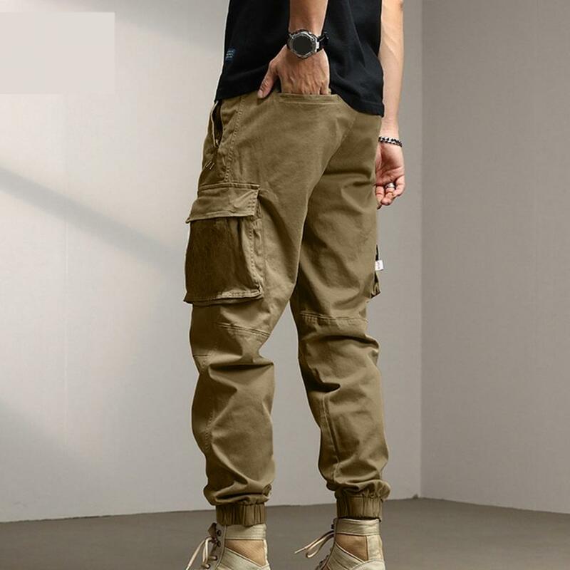 Męskie spodnie bojówki luźne, jednolity kolor wiele kieszeni sznurkiem ze ściągaczem w talii, casualowe męskie spodnie dresowe długie spodnie