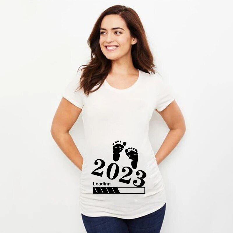 T-shirt d'annonce de grossesse imprimé pour bébé, vêtements de grossesse, vêtements de colonne vertébrale, chargement, nouveau, été, 2023