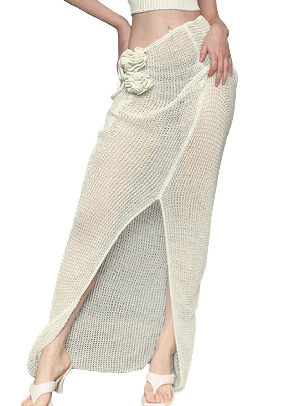 Women Sexy Crochet Knitted Beach Cover Up Long Skirt Flower Hollow Out Tie-Up Split Maxi Skirts Summer Beachwear