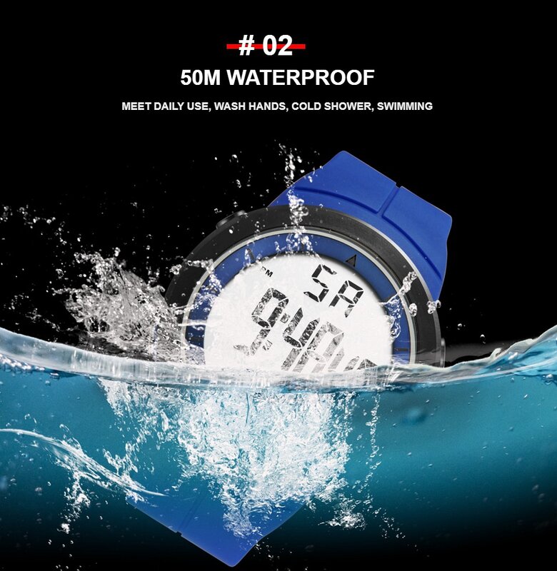 Homens à prova d'água militar LED Display relógios de pulso, pulseira de silicone, despertador multifuncional, relógio esportivo, 50m, moda