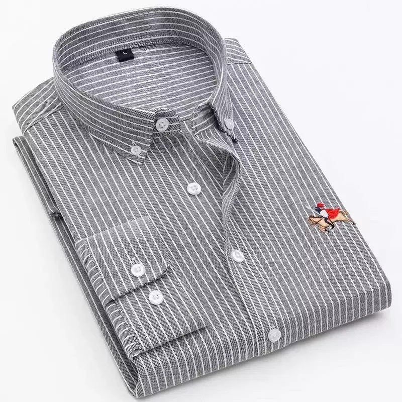 Wysokiej jakości moda męska z długimi rękawami koszula typu Oxford w stylu Casual, w paski Slim Fit biznes formalna sukienka koszula