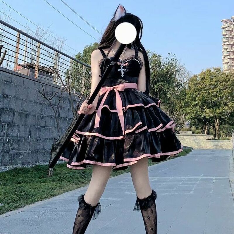 로리타 드레스 화이트 동백/블랙 로즈 여성 Jsk 3 단계 달콤한 귀여운 부드러운 여자 드레스 Kawaii Girly Lolita JSK Dress