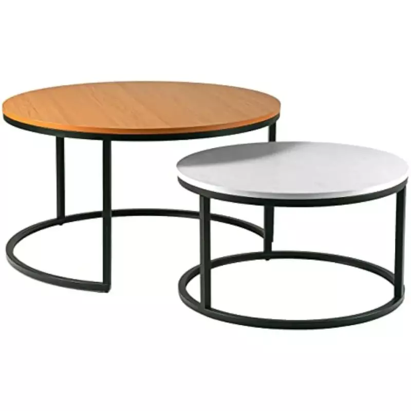 Modern Rodada aninhada Coffee Table, empilhados Mesa Característica Sala, Industrial Folheado de madeira e Metal Frame, conjunto de 2, 31,5"