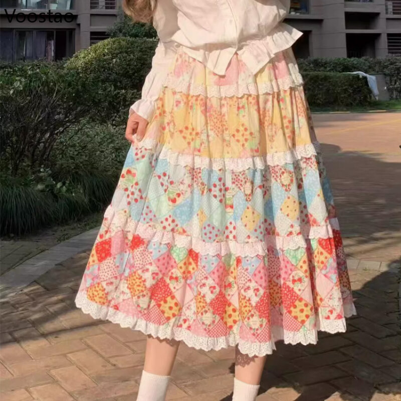 Japanese Harajuku Y2k Floral Print High Waist Skirt Women Streetwear Vintage Lace Ruffle Faldas Mujer Female Korean Loose Skirts
