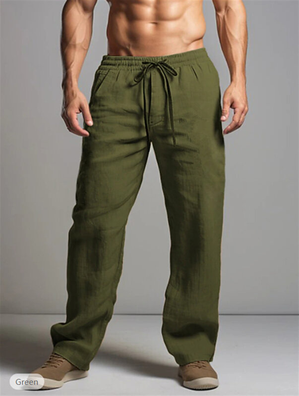 Pantalones largos de lino y algodón para hombre, calzas transpirables de Color sólido, informales, con cintura elástica, estilo Harajuku