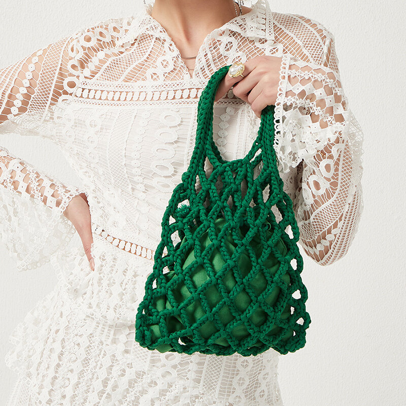 Tas tangan wanita tali katun tenun 2 buah tas jaring desainer Bohemian musim panas tas pantai jerami dompet tas Tote potongan wanita