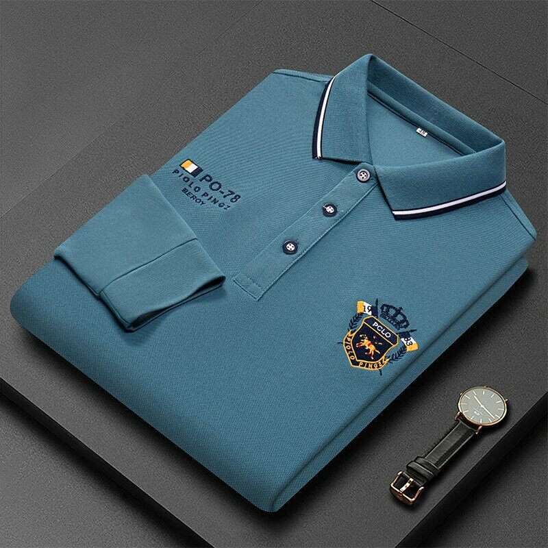 Nowa moda męska koszulka Polo luksusowa haftowana bawełna z kołnierzykiem z klapami długie/krótkie rękawy topy w koreańskim stylu