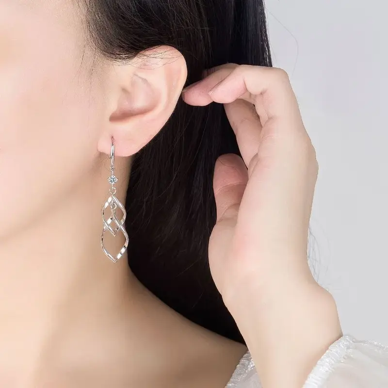 Perak Murni 925 Perhiasan Mode Wanita Baru Anting Kait Rumbai Panjang Berlebihan Berongga Zirkon Kristal Kualitas Tinggi