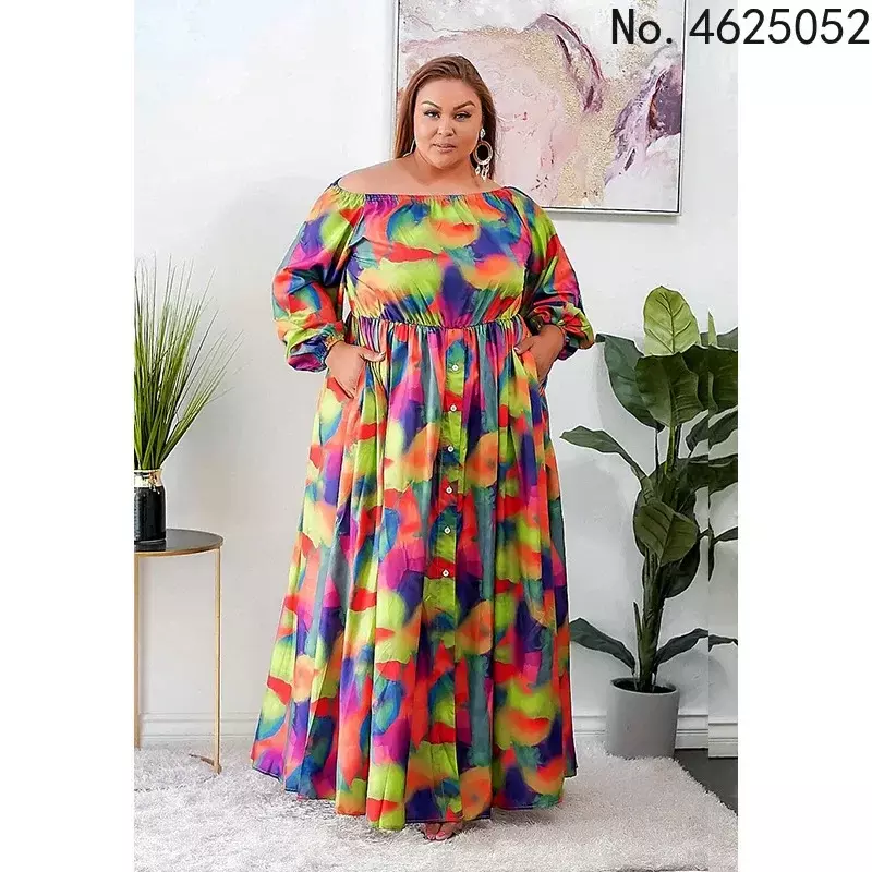 XL-5XL Winter Plus Size Dresses For Women 2024 Clothing Loose Long Sleeve Printing Casual Full Dress Wholesale Dropshipping
