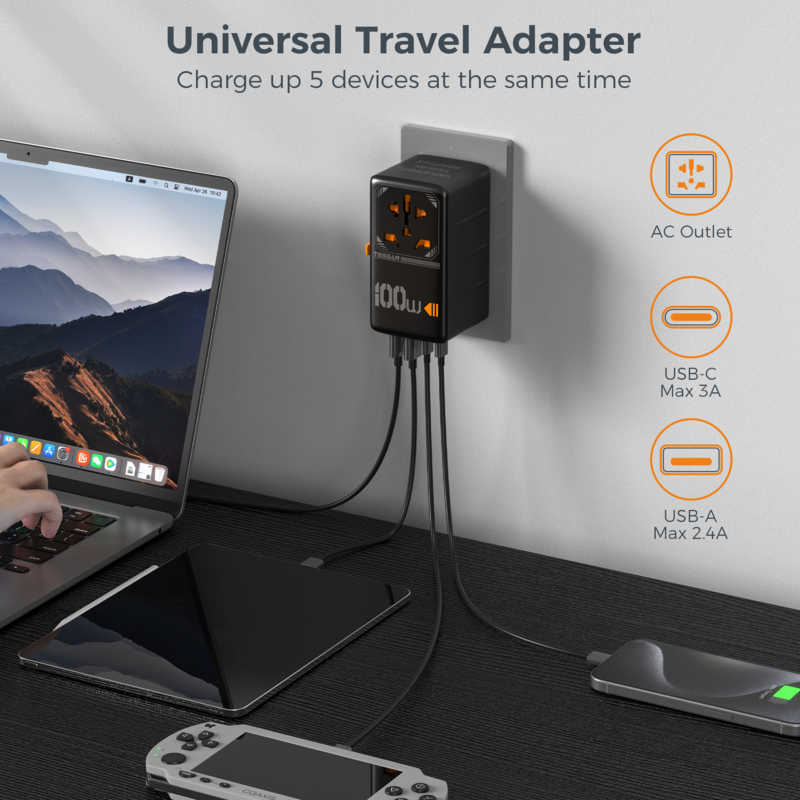 TESSAN-Adaptador de Viagem Universal com USB e Tipo C, Carregamento Rápido, Plugue Internacional, GaN, 100W, UE, Reino Unido, EUA, AUS