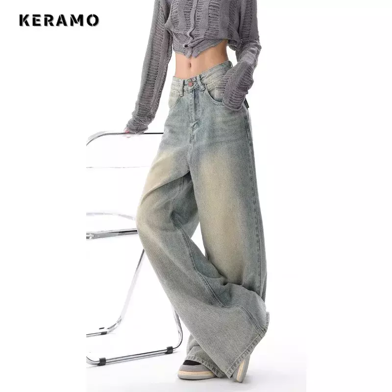 Корейские винтажные повседневные брюки с высокой талией в уличном стиле, имитирующие цвет синий, прямые джинсы, женские широкие мешковатые джинсовые брюки Y2K